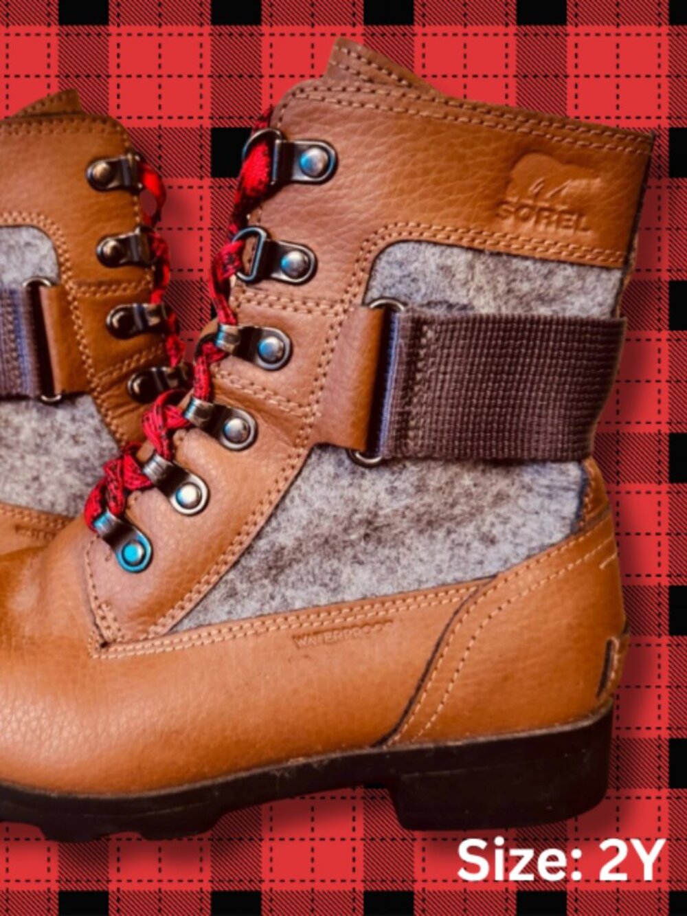 🥾 Sorel Emelie Conquest Kids Waterproof Boots – Brown w/ Red Laces – Size 2 🥾
